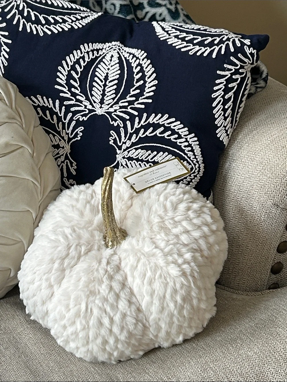 NEW! Shabby Chic Faux Fur Fall Harvest Creamy White Pumpkin Pillow & Gold Stem